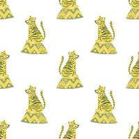 Isolated seamless pattern with yellow cartoon tiger silhouettes. White background. Circus print. vector