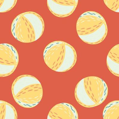 Pastel tones seamless pattern with doodle kids style beach balls elements. Coral background. Activity flat print.