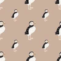 Pastel palette seamless wild nature pattern with puffin bird silhouettes. Beige pale background. Simple design. vector