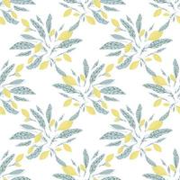 Isolated abstract seamless food pattern with blue leaves and yellow lemon print. White background. vector