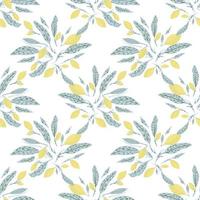 Isolated abstract seamless food pattern with blue leaves and yellow lemon print. White background. vector