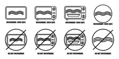 inscripciones seguras para horno de microondas aisladas sobre fondo blanco. advertencia de icono para utensilios de cocina con estilo de tinta. vector