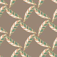 Geometric style seamless pattern with feather shapes print. Grey-beige background. Green and pink ornament. vector