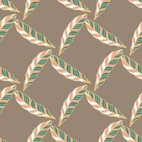 Geometric style seamless pattern with feather shapes print. Grey-beige background. Green and pink ornament. vector