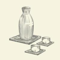 conjunto os sake japonés y taza aislado sobre fondo blanco. boceto dibujado a mano de sake de botella de cerámica. vector