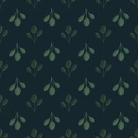 Seamless dark botanic pattern with cute little green branches silhouettes. Navy blue background. vector