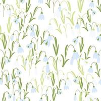 Isolated seamless nature pattern with green and blue colored bluebell elements. White background. vector