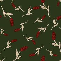 Random red colored ear of wheat doodle seamless pattern. Dark green background. Agronomy floral backdrop. vector