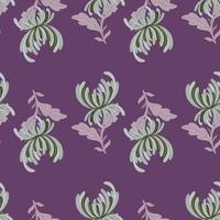 Natural garden seamless pattern with green chrysanthemum flowers print. Purple background. vector