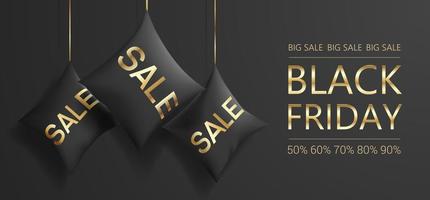 Sale - banner in realistic style. Discounts on Black Friday. Black, downy pillows with a golden inscription hang on strings.  Dark background. Vector illustration.