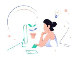 Business concept illustration. Woman analyzing and recording business from home. Trendy vector style.
