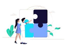 Concept metaphor. Co-workers provide instructions for connecting puzzle elements. Flat design style vector illustration. cooperation, partnership vector.