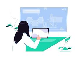 Female worker is monitoring company analysis data. Widescreen digital media. Flat vector illustration.