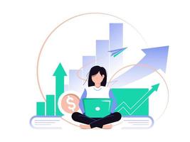 Illustration of business growth concept. Woman sitting and holding laptop. Vector illustration.