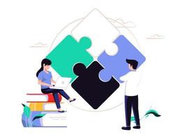 Concept metaphor. People analyze the elements of the puzzle. Flat design style vector illustration. cooperation, partnership vector.