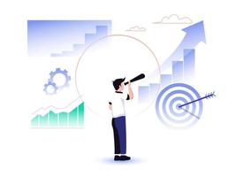 Illustration of business growth concept. Business man is looking at company chart. Vector illustration.