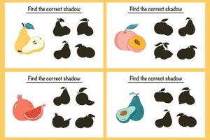 Find correct Fruit silhouette educational game for kids. Preschool puzzle. Shadow matching activity for children. Educational worksheet. Find correct shadow game with ripe fruits vector