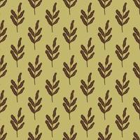 Brown leaves branches seamless doodle pattern in simple style. Light olive green background. vector