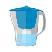 Plastic water filter purification pitcher with replacement cartridge on white background. Jug to clear aqua isolated vector