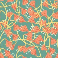 Hand drawn random abstract seamless pattern with pink colored bell flower shapes. Turquoise background. vector