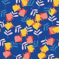 Pink and yellow colored doodle flowers seamless random pattern in hand drawn style. Navy blue background. vector