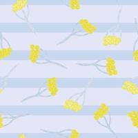 Yellow random yarrow silhouettes seamless pattern in simple style. Botany print with blue striped background. vector