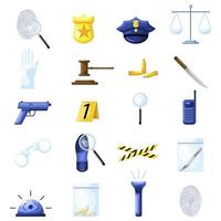 Set detective in flat style on white background. Police elements gun, badge, handcuffs, notes, bullet, fingerprint.