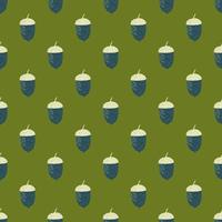 Navy blue and white colored acorn ornament seamless pattern. Green background. Autumn print. vector