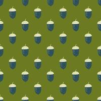 Navy blue and white colored acorn ornament seamless pattern. Green background. Autumn print. vector