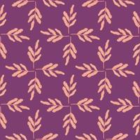 Spring seamless pattern with pink little leaf branches ornament. Purple bright background. vector