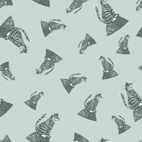 Random seamless pattern with hand drawn grey circus tiger silhouettes. Blue pastel background. vector