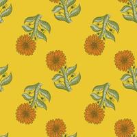 Nature seamless pattern with green and orange colored sunflower branches print. Yellow background. vector