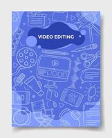 concepto de edición de video con estilo de garabato para plantilla de pancartas, folletos, libros y revistas vector