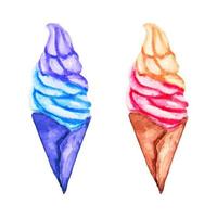 Watercolor ice cream set, isolated colorful food icon, waffle cone icecream, textured painting clipart. vector