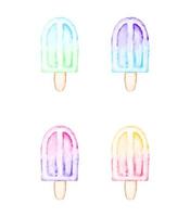 Watercolor ice cream set, isolated colorful food icon, icecream on stick, textured painting. vector