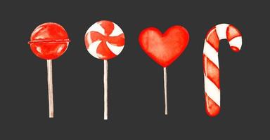 Watercolor candy set sweets isolated on white red striped lollipop painting clipart. vector