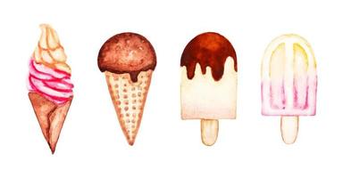 Watercolor ice cream set, isolated colorful food icon, chocolate waffle cone icecream, textured painting clipart. vector