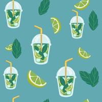 Seamless pattern with Mojito cocktail. Vector illustration in cartoon hand drawing style for restaurant menus and wine lists