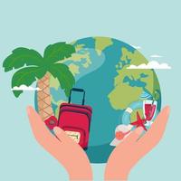 It s Time to Travel. Trip to World. Travel to World. Vacation. Road trip. Tourism. Travel banner. Journey. Travelling illustration. palm suitcase, Lifebuoy earth in the palms vector