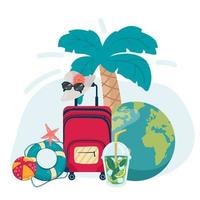 It s Time to Travel. Trip to World. Travel to World. Vacation. Road trip. Tourism. Travel banner. Journey. Travelling illustration. palm suitcase, Lifebuoy earth in the palms. vector