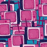 Technologe abstract seamless pattern with random tv creative pink shapes. Blue background. vector