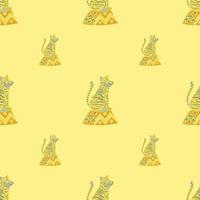 Minimalistic seamless pattern with mammal tiger ornament backdrop. Yellow background. Zoo print. vector