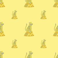 Minimalistic seamless pattern with mammal tiger ornament backdrop. Yellow background. Zoo print. vector