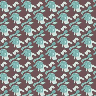 Seamless knitted clothes pattern with sweater, mittens, hat and scarf print. Brown background. Xmas backdrop.