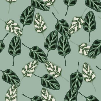 Seamless pattern Spinach salad on pastel teal background. Abstract ornament with lettuce. vector