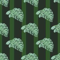 Monstera decorative seamless pattern with blue bright leaves print. Green striped background. vector