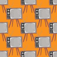 Retro seamless pattern with tv simple ornament. Grey technic on bright orange background. vector