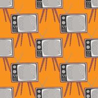 Retro seamless pattern with tv simple ornament. Grey technic on bright orange background. vector