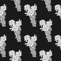 Bunch of grapes on black background. Hand drawn grapes seamless pattern. Fresh fruit monochrome sketch vector