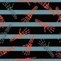 Contrast seamless horror pattern with skeleton hands ornament. Striped dark background. vector